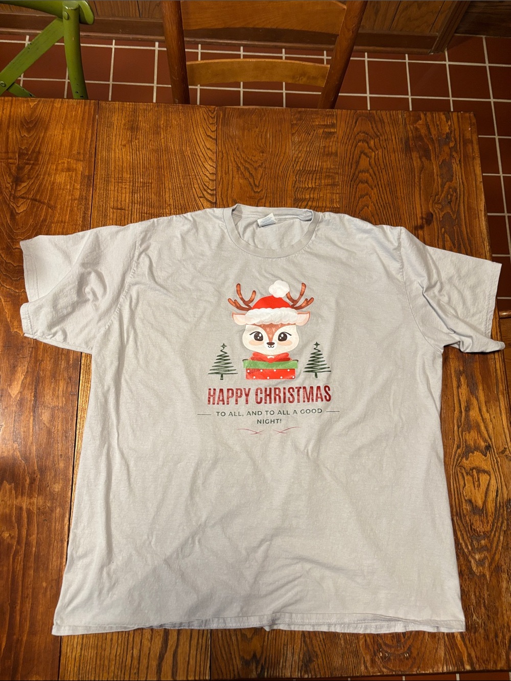 Unisex Light Gray Christmas T-Shirt With Reindeer And Christmas Trees Size 3XL